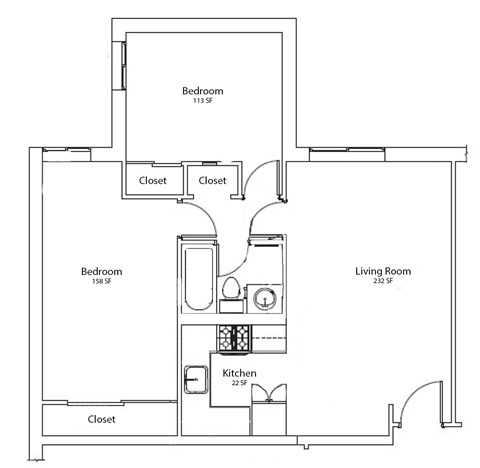 Floor plan for 2 beds, 1 bath, 688 sqft